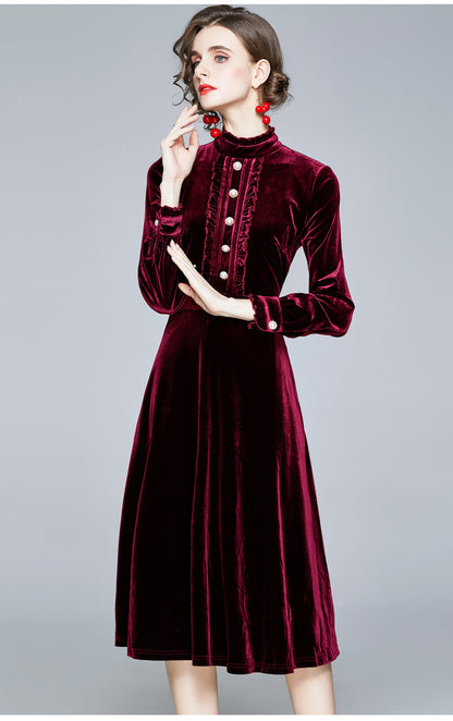 Red Velvet Pearl Button Single-breasted Midi Dresses