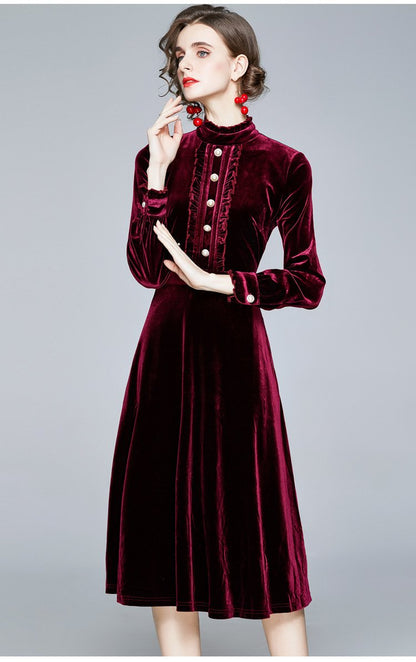 Red Velvet Pearl Button Single-breasted Midi Dresses