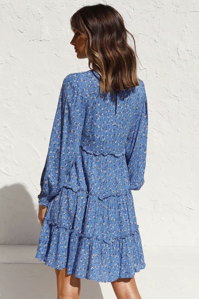 Floral Ruffled Shirred Frill Elastic Sleeve Vacation Mini Dresses