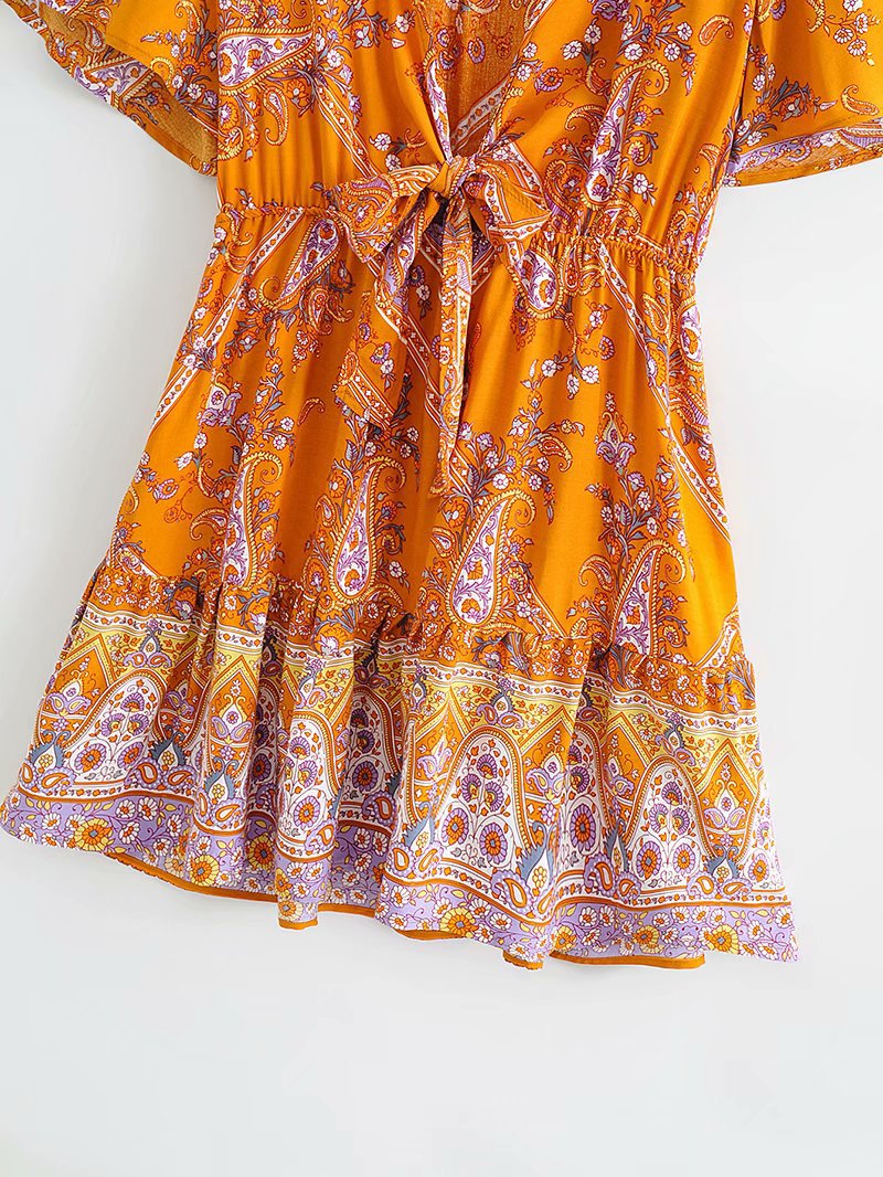 Boho V-neck Floral Flared Sleeve Lace-up Mini Dresses
