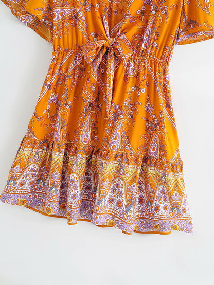 Boho V-neck Floral Flared Sleeve Lace-up Mini Dresses