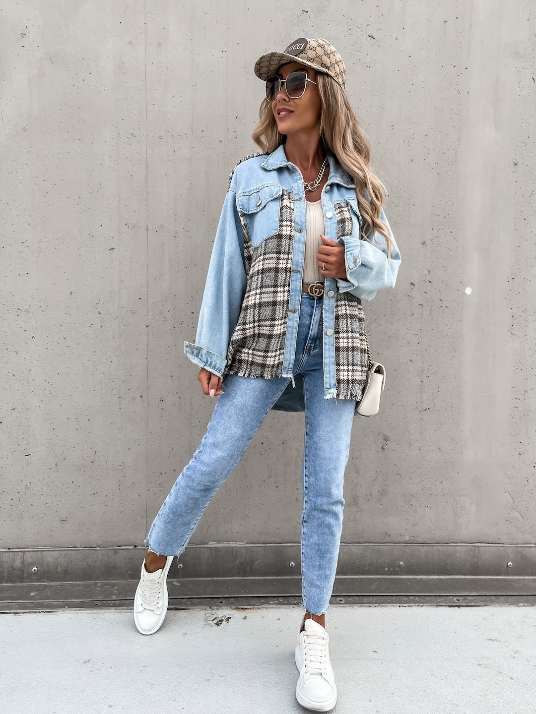 Single-breasted Pile Collar Grid Pattern Denim Outerwear Cardigans