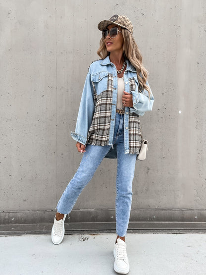 Single-breasted Pile Collar Grid Pattern Denim Outerwear Cardigans