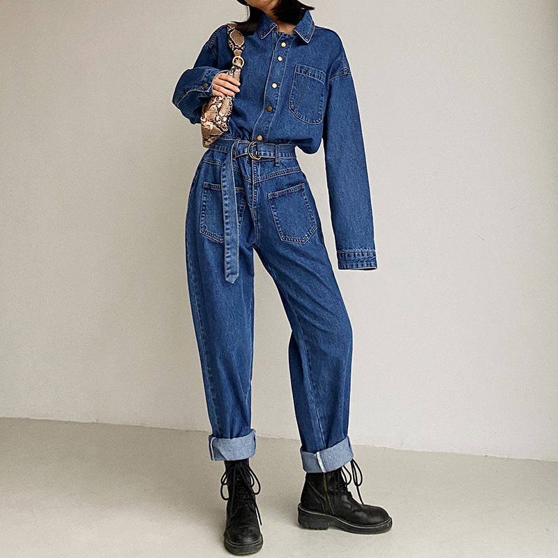 Pile Collar Lace-up Single-breasted Denim Jumpsuits