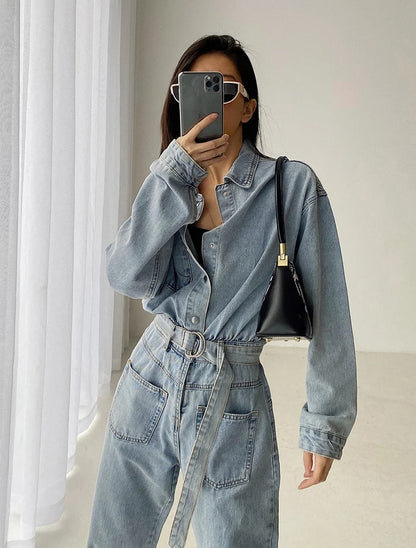 Pile Collar Lace-up Single-breasted Denim Jumpsuits