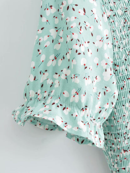 Floral Puff Sleeve Round Neck Shirred Frill Midi Dresses