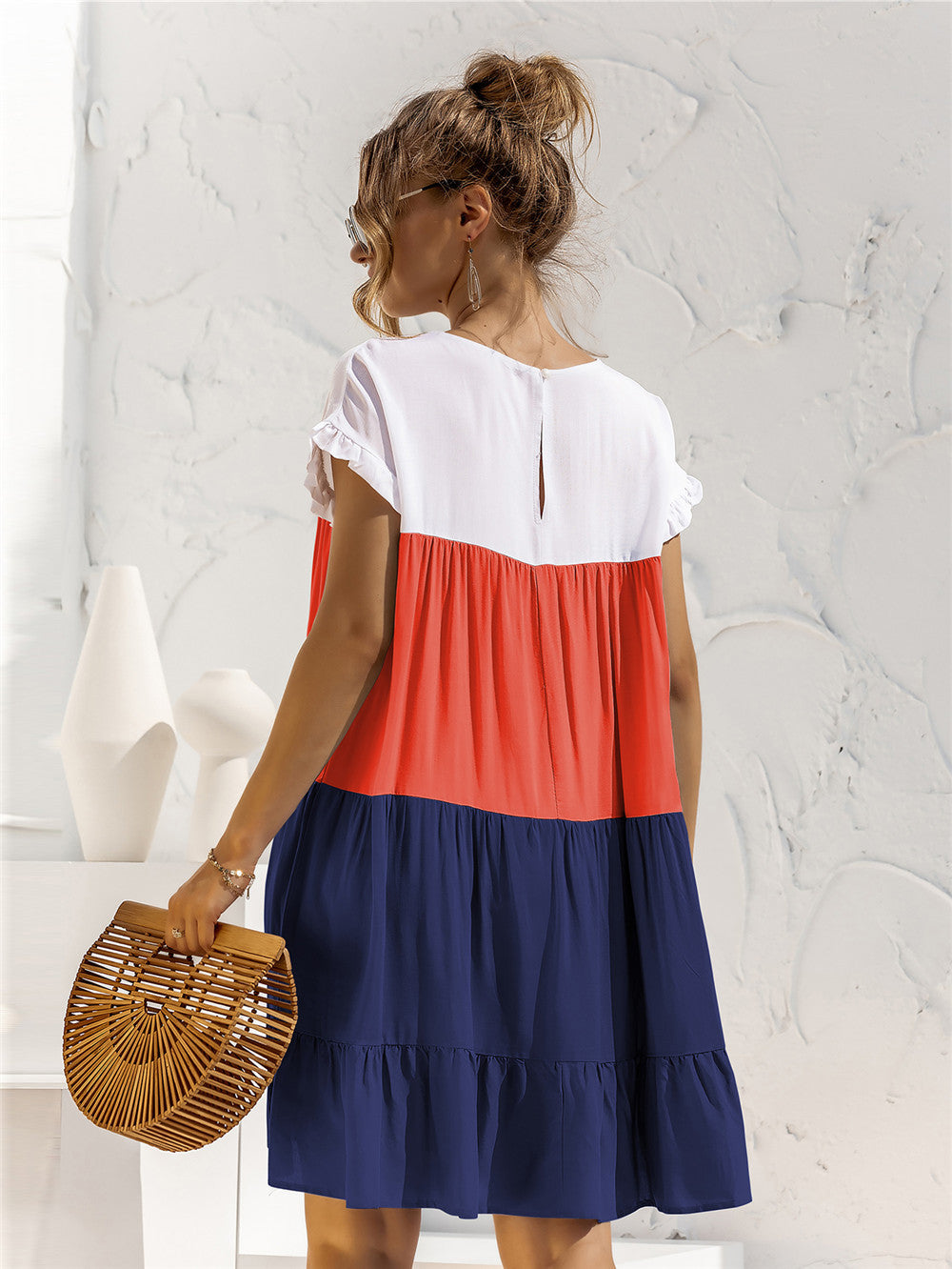 Round Neck Ruffled Hem Vacation Mini Dresses