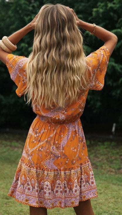 Boho V-neck Floral Flared Sleeve Lace-up Mini Dresses