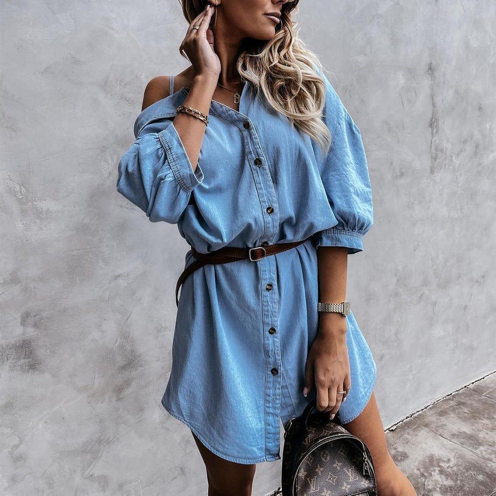 Off Shoulder Sling Lantern Sleeve Single-breasted Denim Shirt Mini Dresses