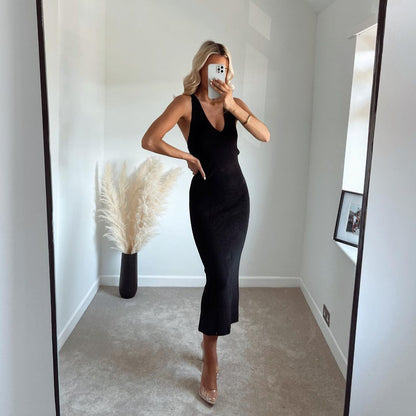 Backless Halter Knit Party Maxi Midi Dresses