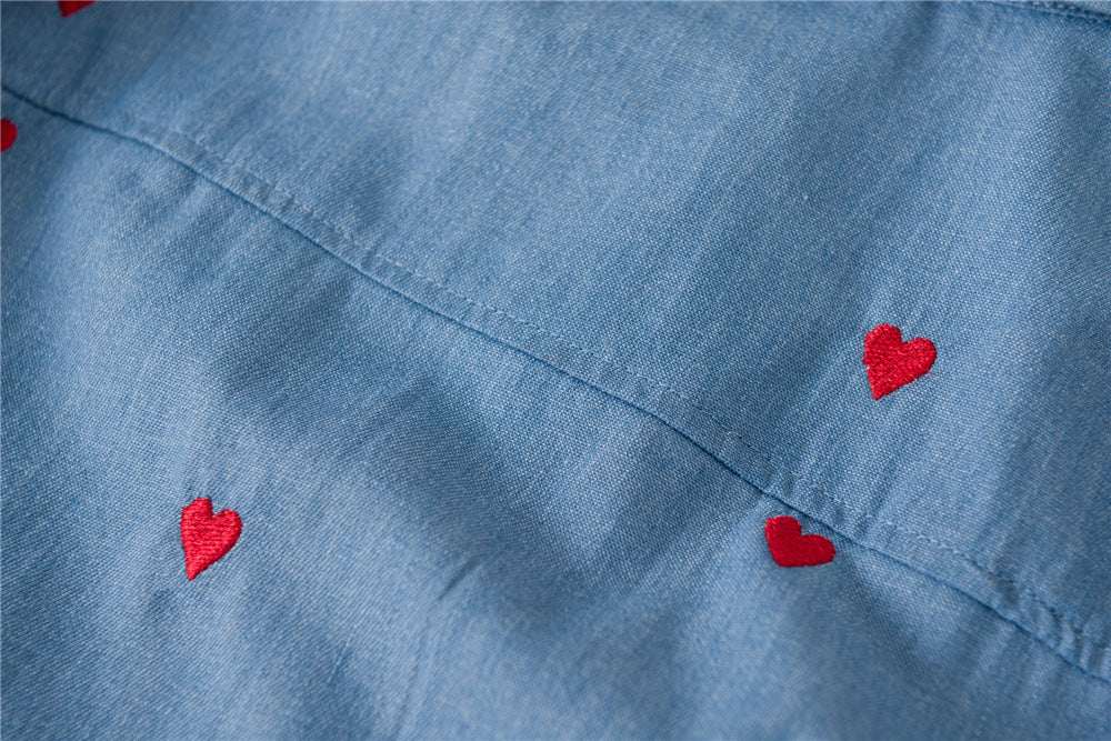 Single-breasted Love Shape Embroidery Lapel Denim Shirts