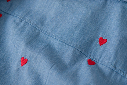 Single-breasted Love Shape Embroidery Lapel Denim Shirts