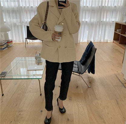 Pile Collar Double Breasted Knitted Sweaters Outerwear Apricot Gray