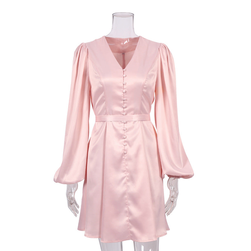 Pink V-neck Lantern Sleeve Single-breasted Skater Party Mini Dresses