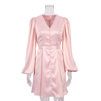 Pink V-neck Lantern Sleeve Single-breasted Skater Party Mini Dresses