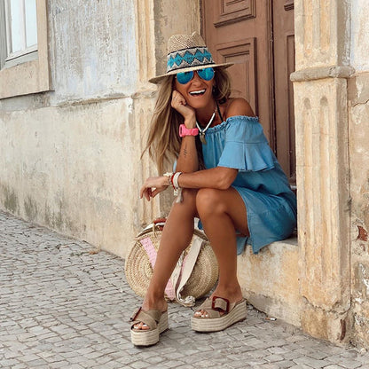 Off Shoulder Flared Sleeve Ruffled Denim Mini Dresses