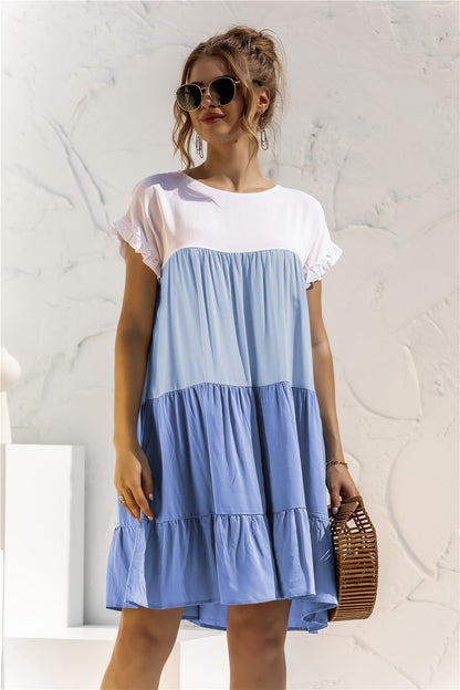 Round Neck Ruffled Hem Vacation Mini Dresses