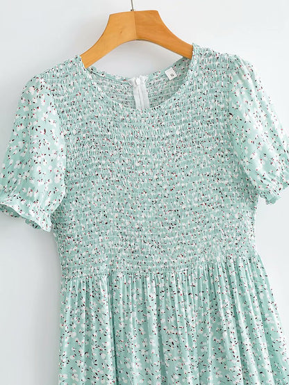 Floral Puff Sleeve Round Neck Shirred Frill Midi Dresses