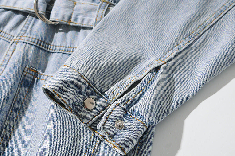 Pile Collar Lace-up Single-breasted Denim Jumpsuits