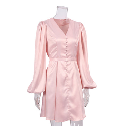 Pink V-neck Lantern Sleeve Single-breasted Skater Party Mini Dresses