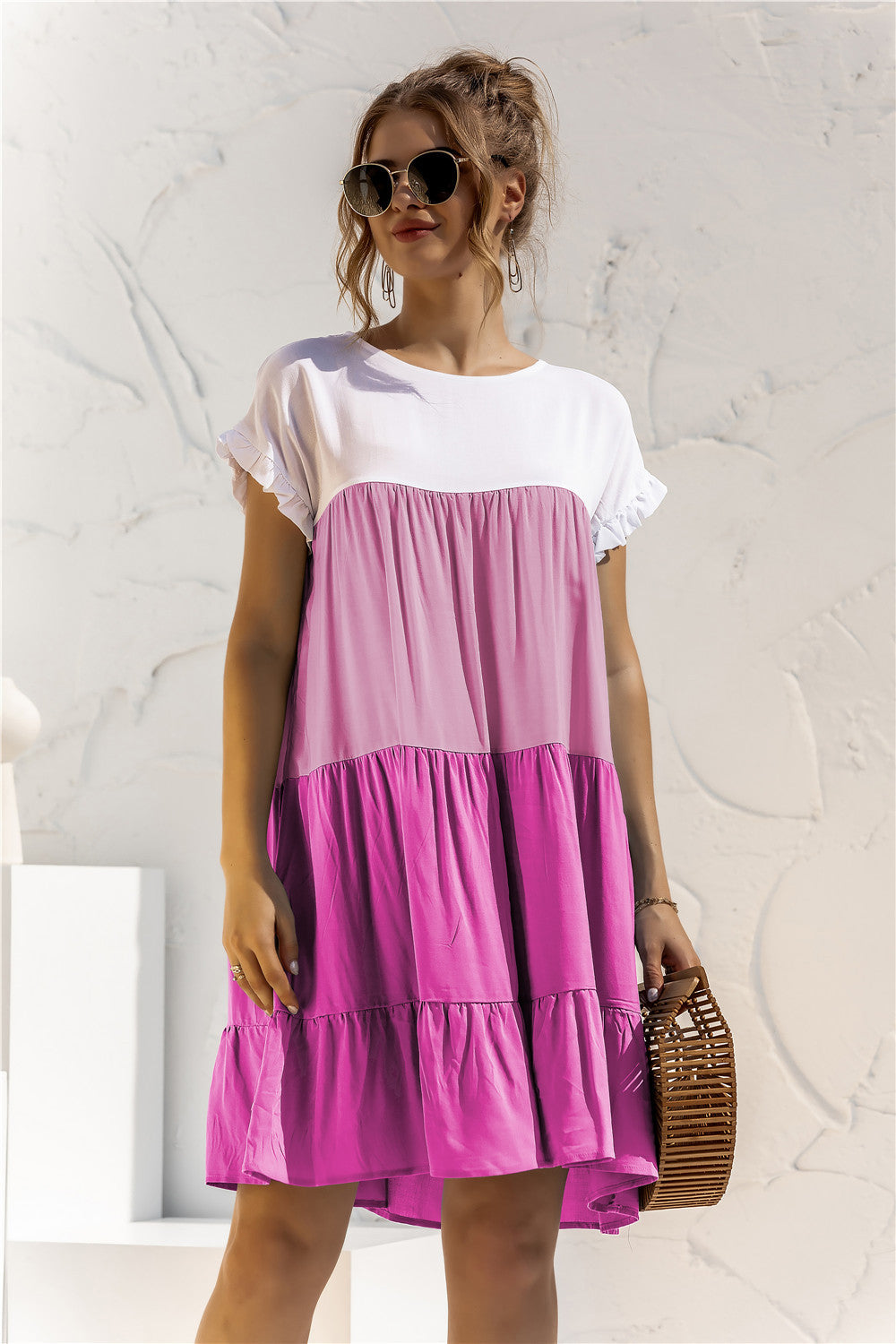 Round Neck Ruffled Hem Vacation Mini Dresses