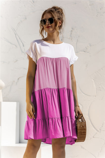 Round Neck Ruffled Hem Vacation Mini Dresses