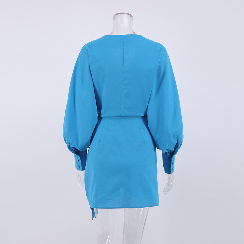 V-neck Vacation Linen Lace-up Mini Dresses