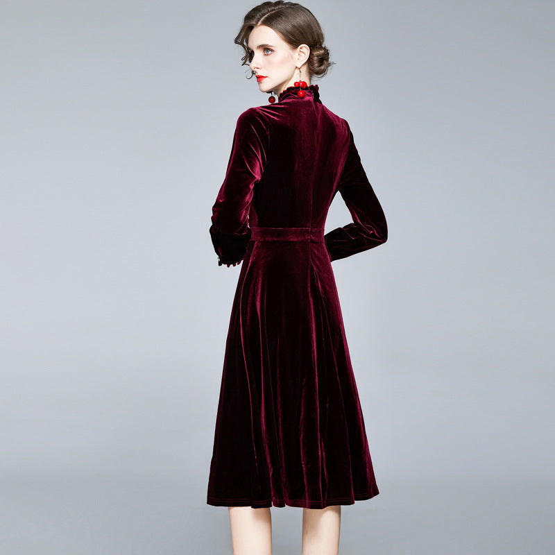 Red Velvet Pearl Button Single-breasted Midi Dresses