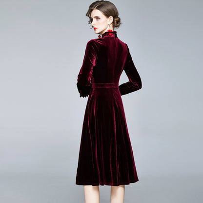 Red Velvet Pearl Button Single-breasted Midi Dresses