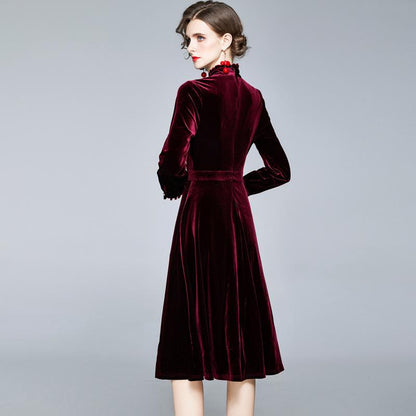 Red Velvet Pearl Button Single-breasted Midi Dresses