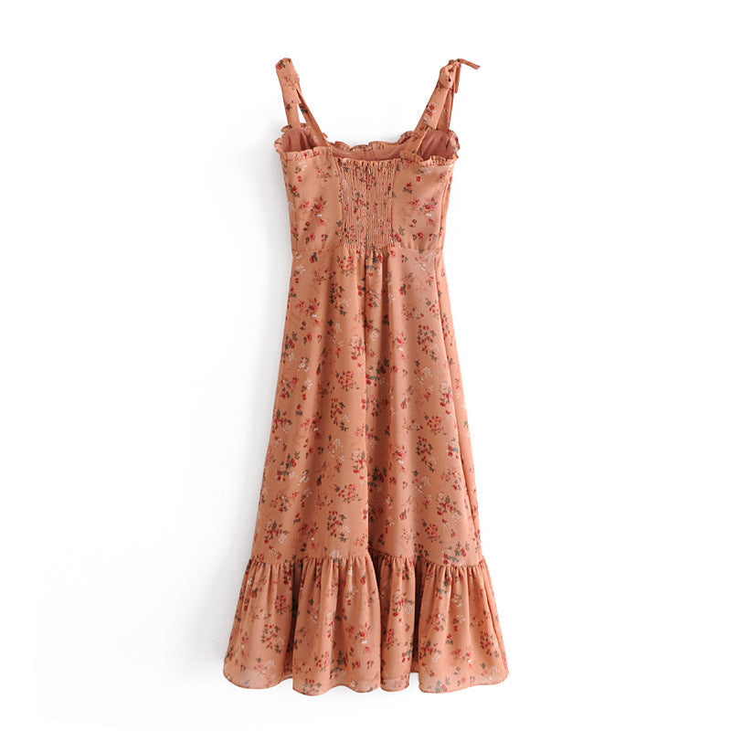 Chiffon Strappy Vintage Floral Lace-up Maxi Midi Dresses