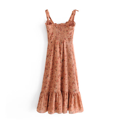 Chiffon Strappy Vintage Floral Lace-up Maxi Midi Dresses