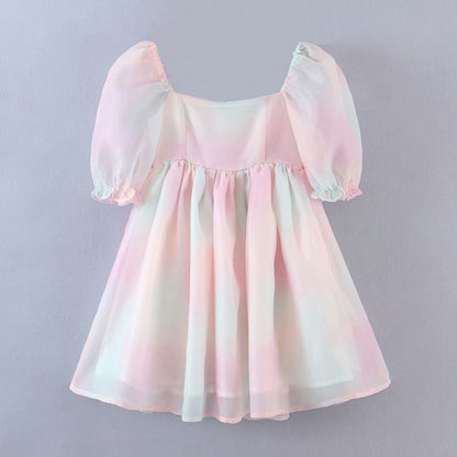 Tie Dye Rainbow Puff Bubble Sleeve Off Shoulder Mini Dresses