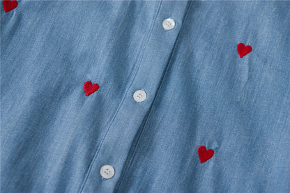 Single-breasted Love Shape Embroidery Lapel Denim Shirts