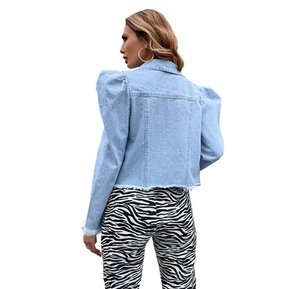 Pile Collar Single-breasted Puff Sleeve Tassel Denim Outerwear Cardigans