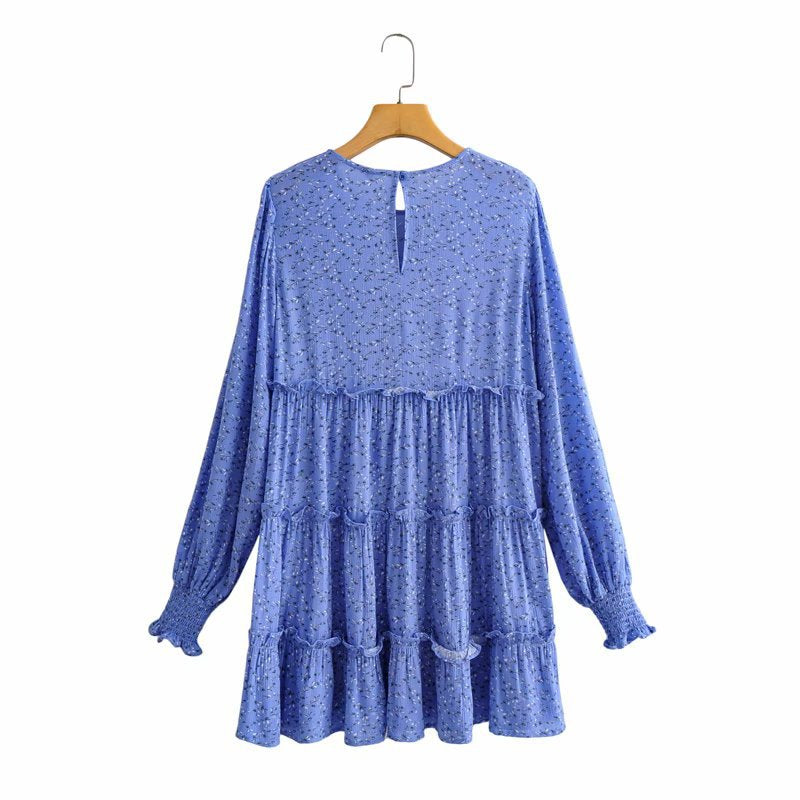 Floral Ruffled Shirred Frill Elastic Sleeve Vacation Mini Dresses