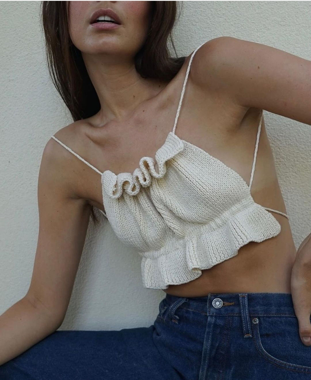 Backless Lace-up Knit Sweaters Ruffle Camis Tank Crop Tops