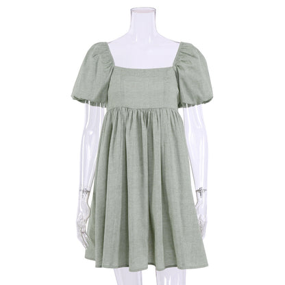 Square Collar Lantern Bubbles Sleeve Skater Party Mini Dresses