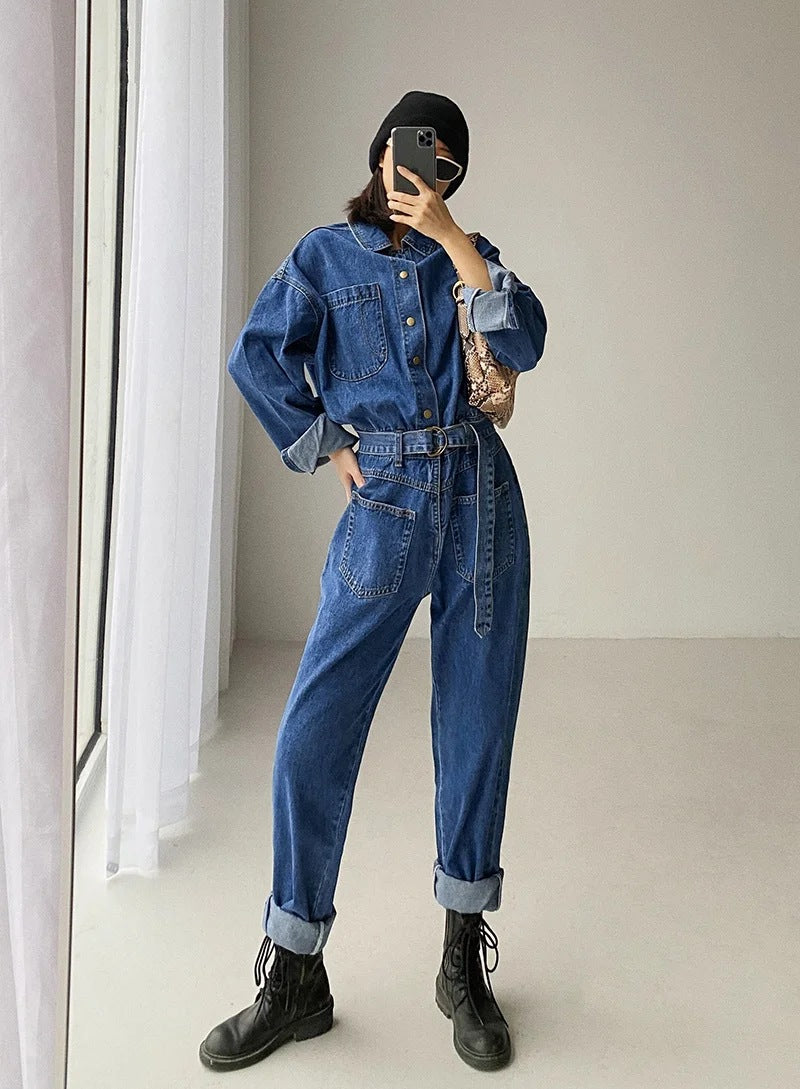 Pile Collar Lace-up Single-breasted Denim Jumpsuits