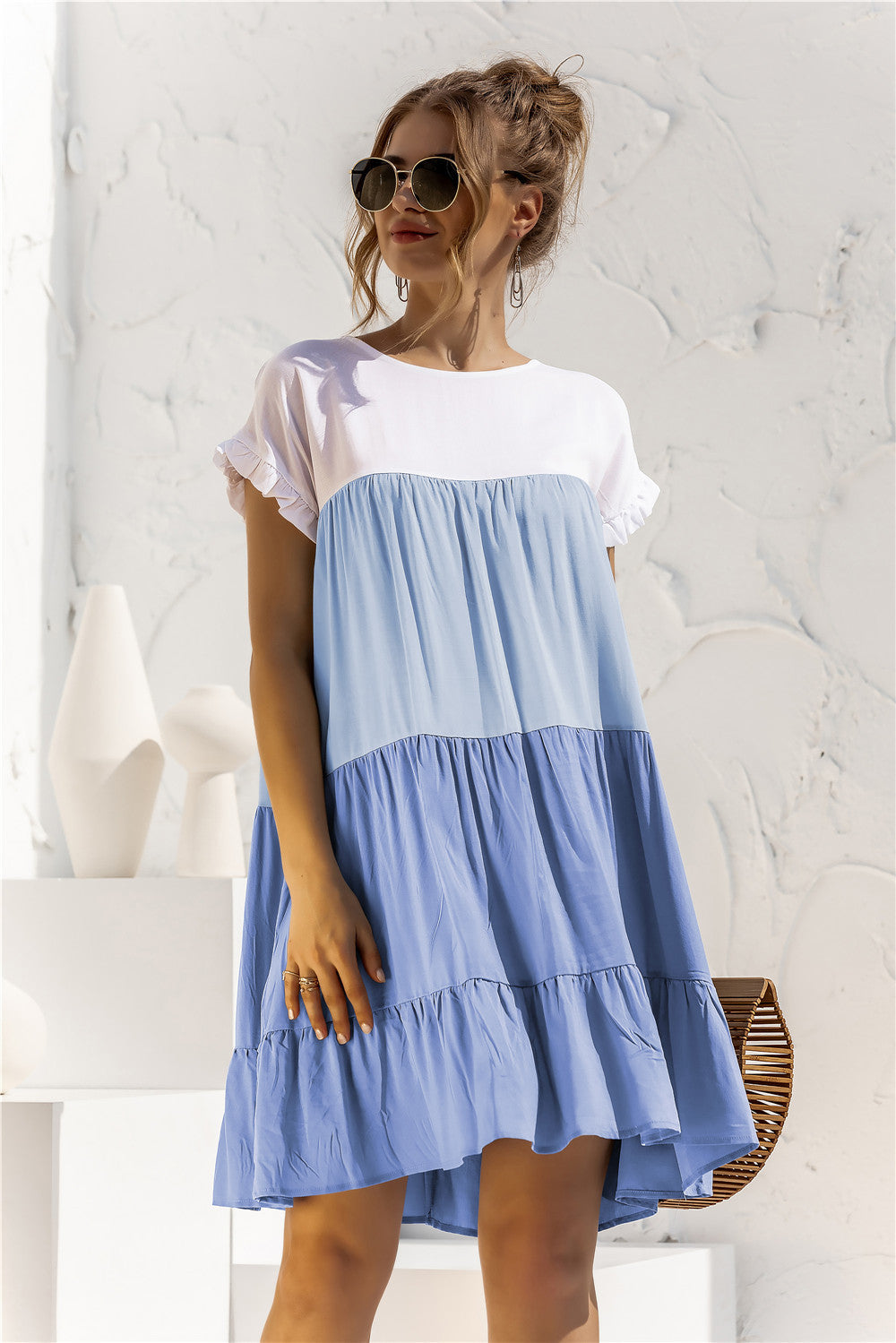 Round Neck Ruffled Hem Vacation Mini Dresses