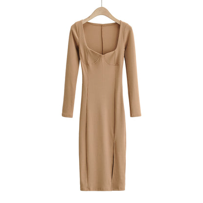 Vintage Square Collar Knit Sweater Midi Dresses