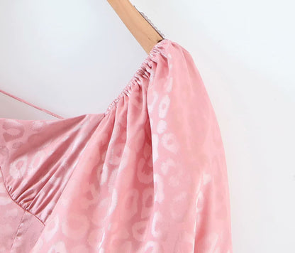 Ruffled Puff Sleeve Lace-up Backless Satin Mini Dresses