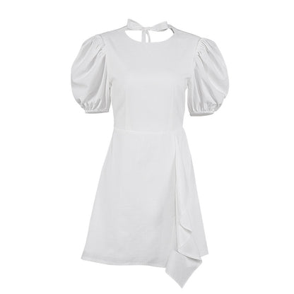 Lantern Bubbles Sleeve Ruffles Hem Backless Party Mini Dresses