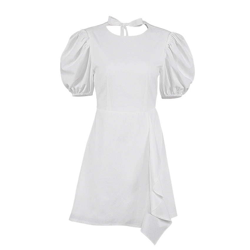 Lantern Bubbles Sleeve Ruffles Hem Backless Party Mini Dresses