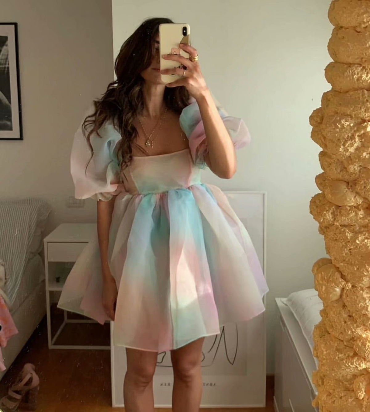 Tie Dye Rainbow Puff Bubble Sleeve Off Shoulder Mini Dresses