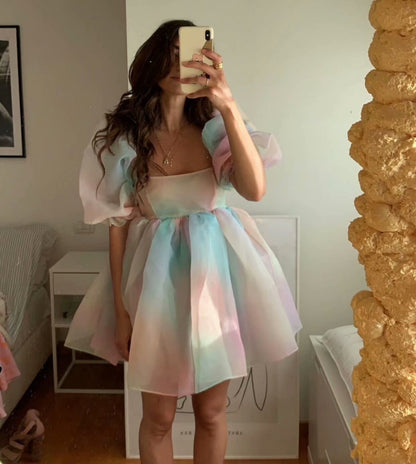Tie Dye Rainbow Puff Bubble Sleeve Off Shoulder Mini Dresses