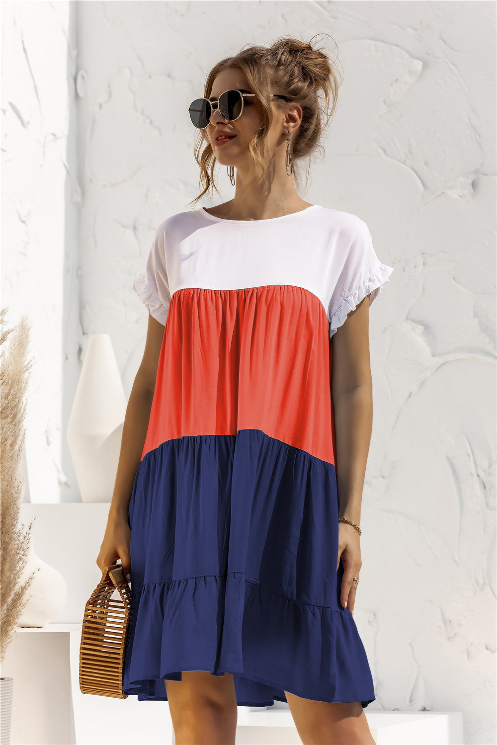 Round Neck Ruffled Hem Vacation Mini Dresses