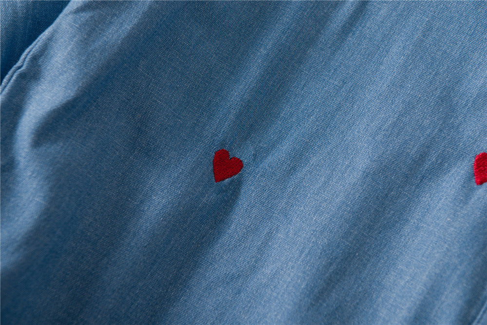 Single-breasted Love Shape Embroidery Lapel Denim Shirts