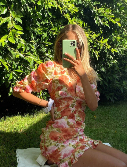 Party V-neck Pleated Ruffled Floral Bodycon Mini Dresses
