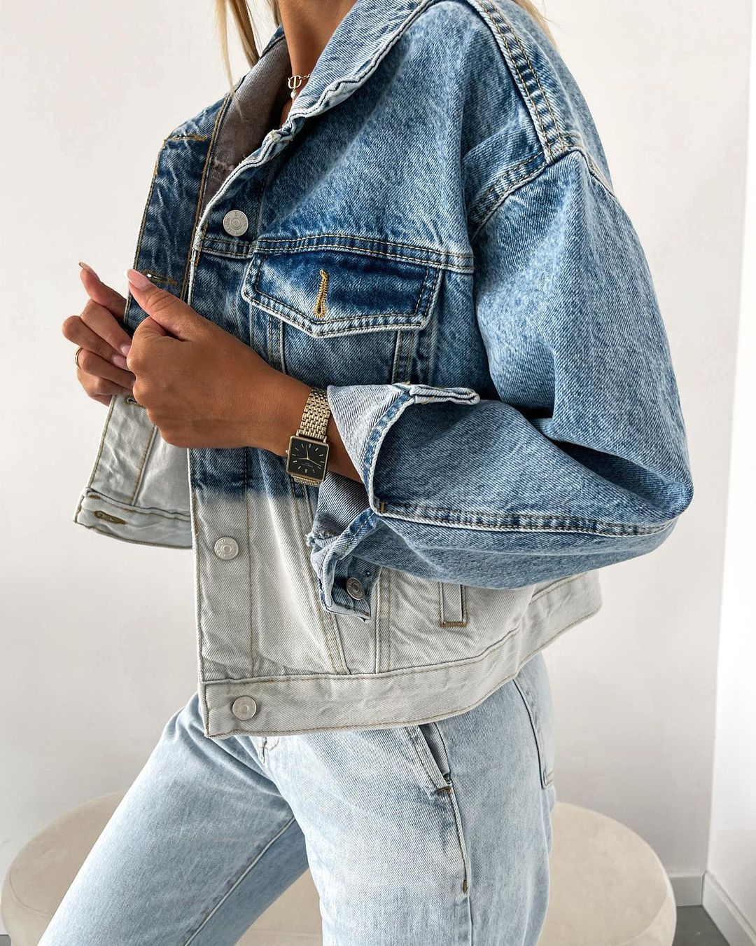 Single-breasted Pile Collar Denim Color Gradient Outerwear Cardigans